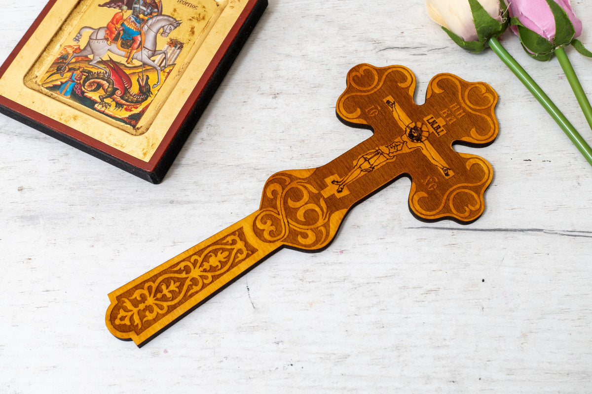 Handmade wooden blessing cross with Crucifixion engraving 24x11 cm (9.45x4.33 in) made in Greece
