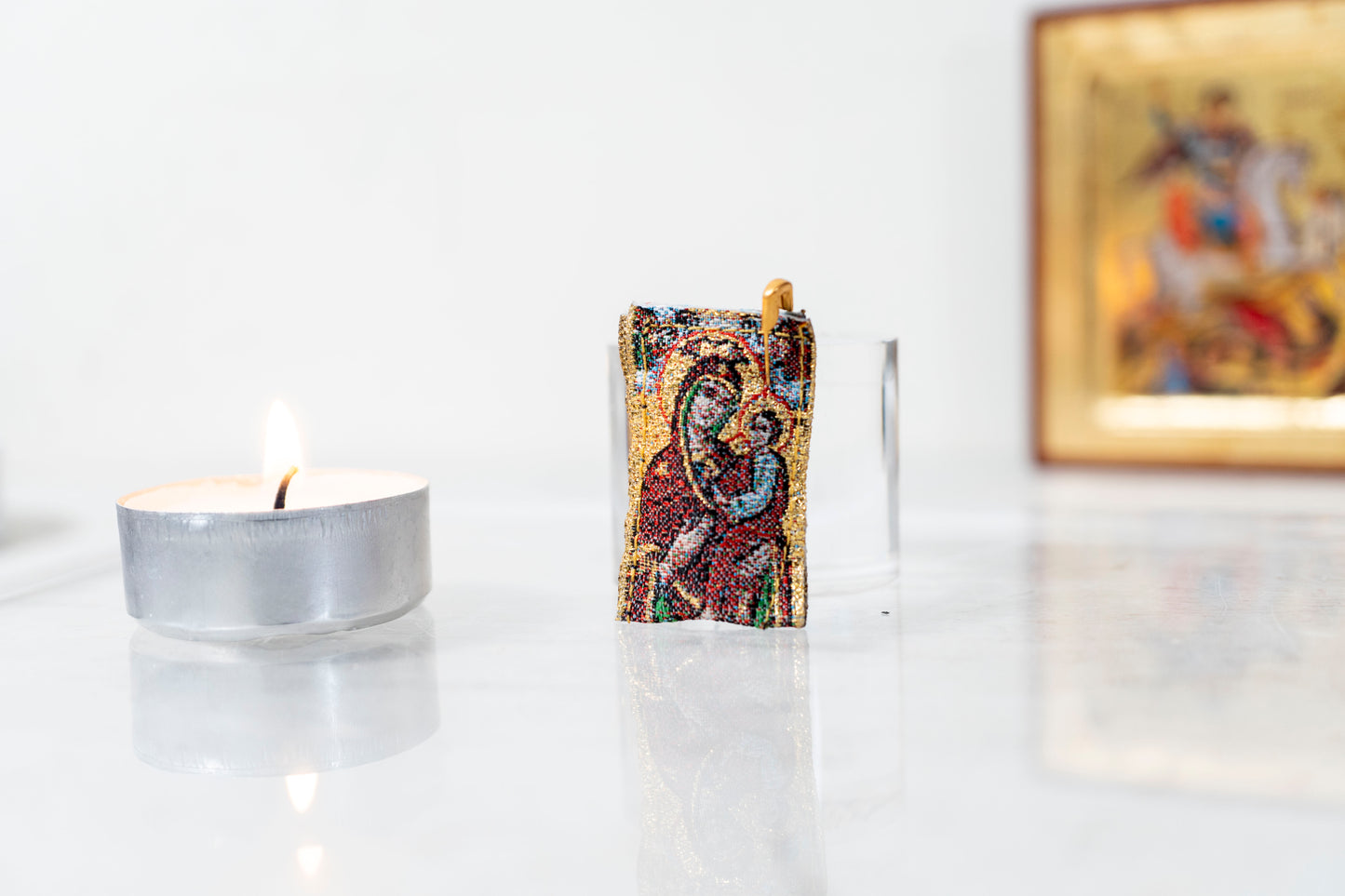 Theotokos Protection Amulet , Filakto – Handstitched Gold Filakto from Greece