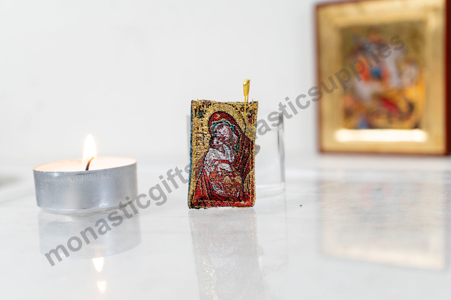 Virgin Mary Protection Amulet , Filakto – Handstitched Gold Filakto from Greece