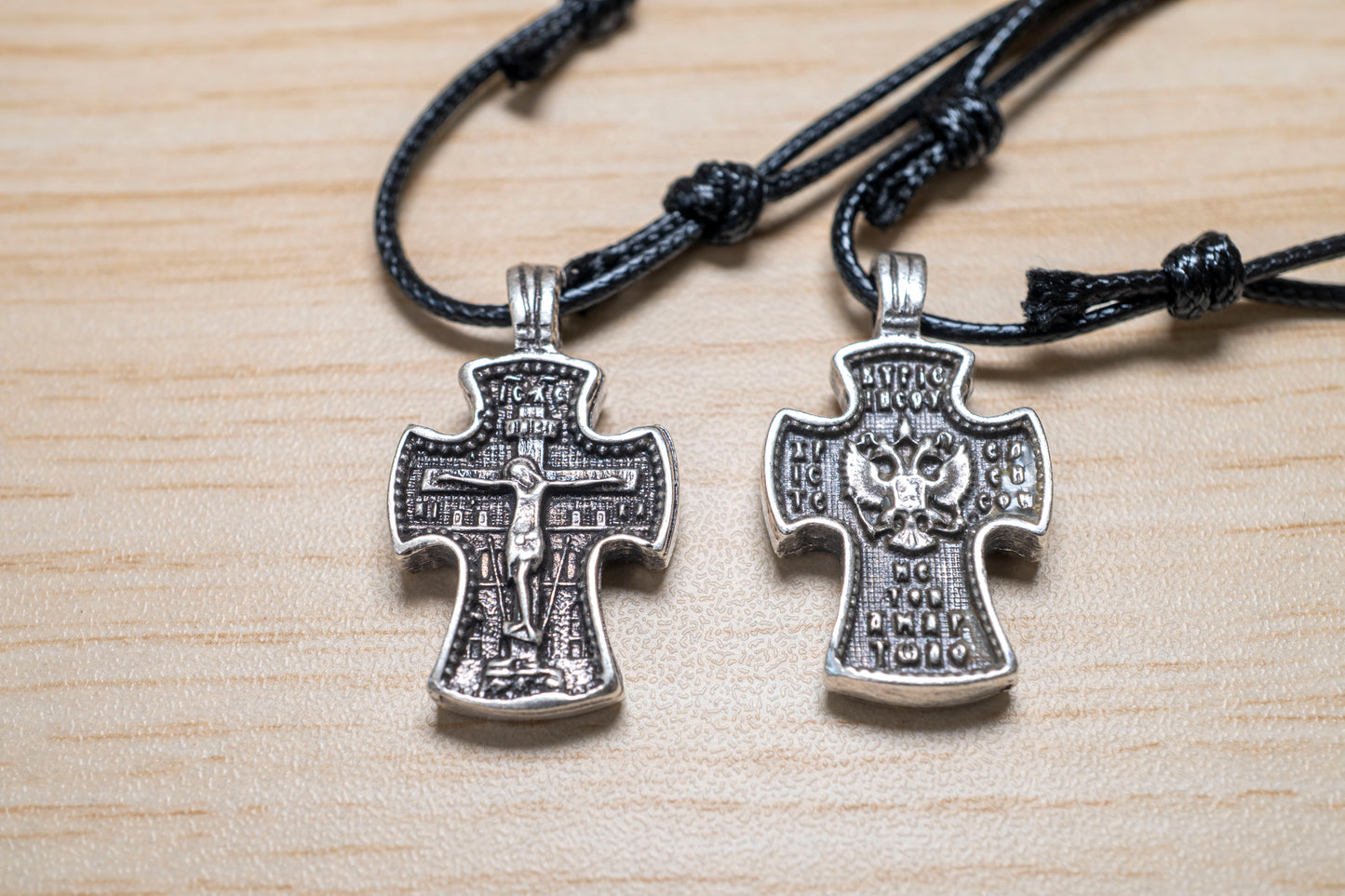 Handcrafted Orthodox double-sided metal cross pendant with Jesus Crucifixion and Byzantine double-headed eagle on adjustable genuine leather cord in gift box