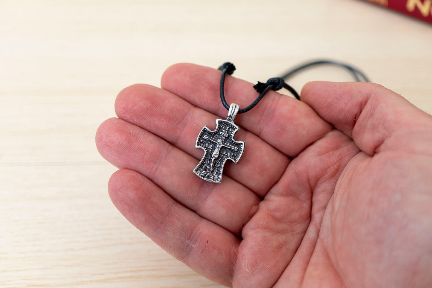Orthodox Double-Sided Metal Cross Pendant with Genuine Leather Cord in Gift Box - Handcrafted Crucifix & Double-Headed Eagle Necklace