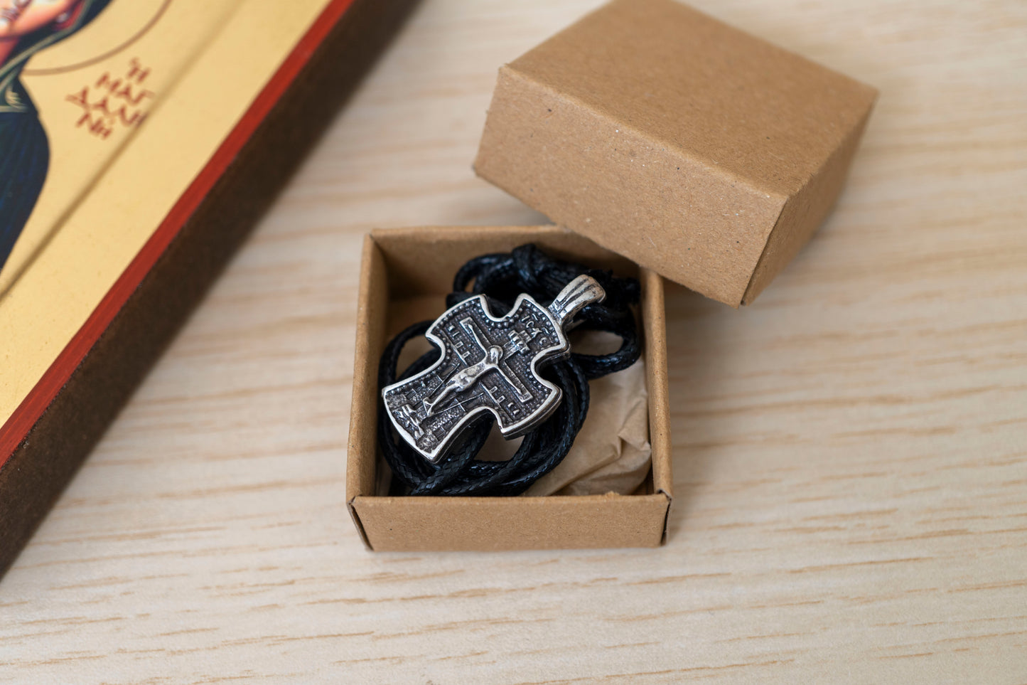 Handcrafted Orthodox double-sided metal cross pendant with Jesus Crucifixion and Byzantine double-headed eagle on adjustable genuine leather cord in gift box