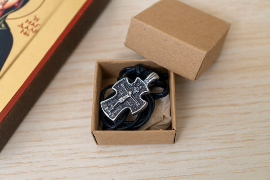 Handcrafted Orthodox double-sided metal cross pendant with Jesus Crucifixion and Byzantine double-headed eagle on adjustable genuine leather cord in gift box