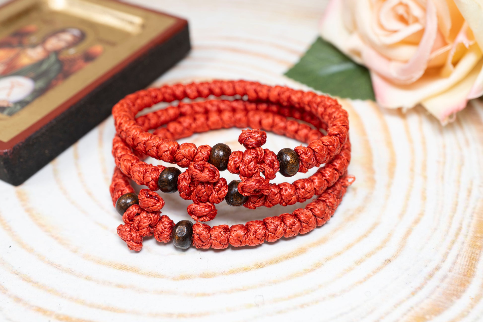 Handcrafted thick red waxed Orthodox monastic prayer rope bracelet 33 knots with wooden beads and knotted cross