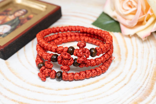 Handcrafted thick red waxed Orthodox monastic prayer rope bracelet 33 knots with wooden beads and knotted cross