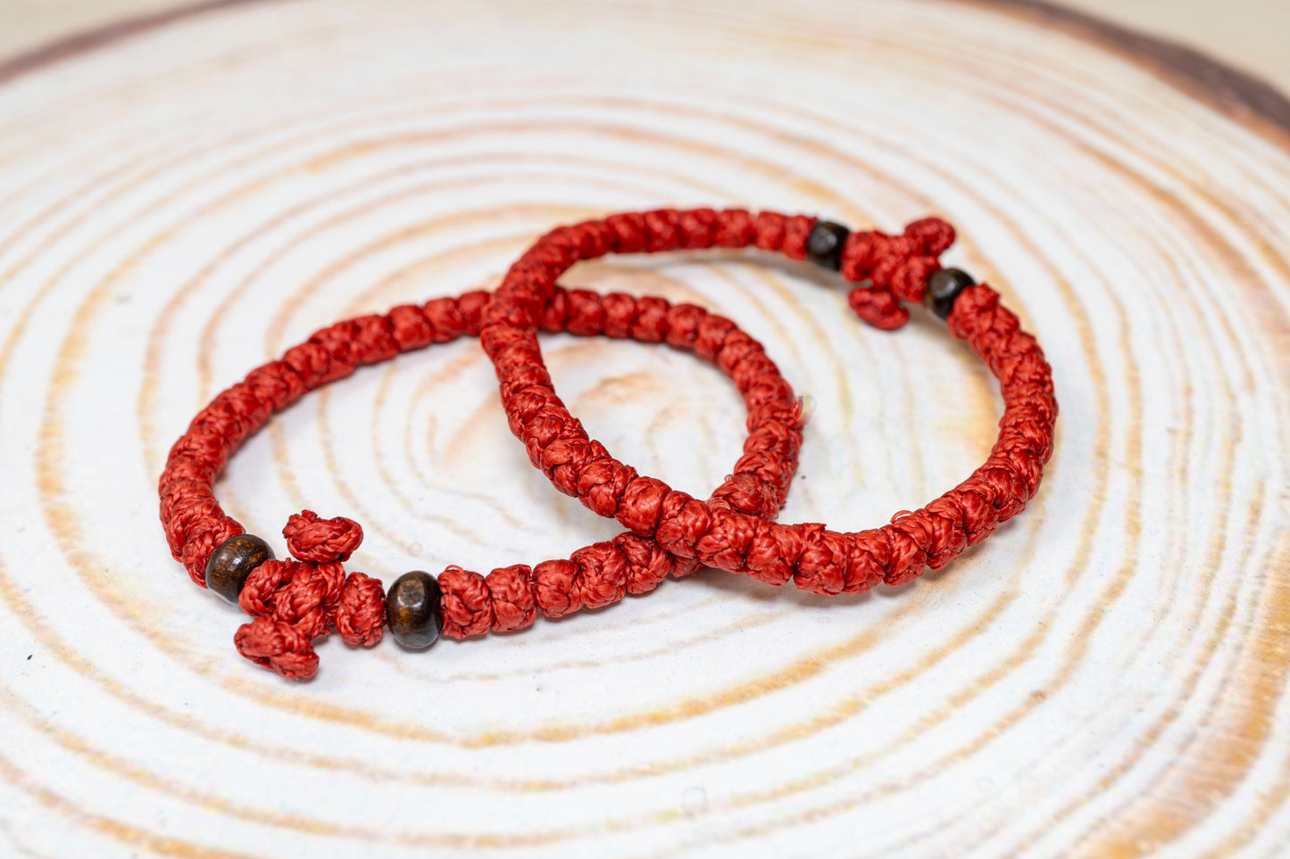 Handcrafted thick red waxed Orthodox monastic prayer rope bracelet 33 knots with wooden beads and knotted cross