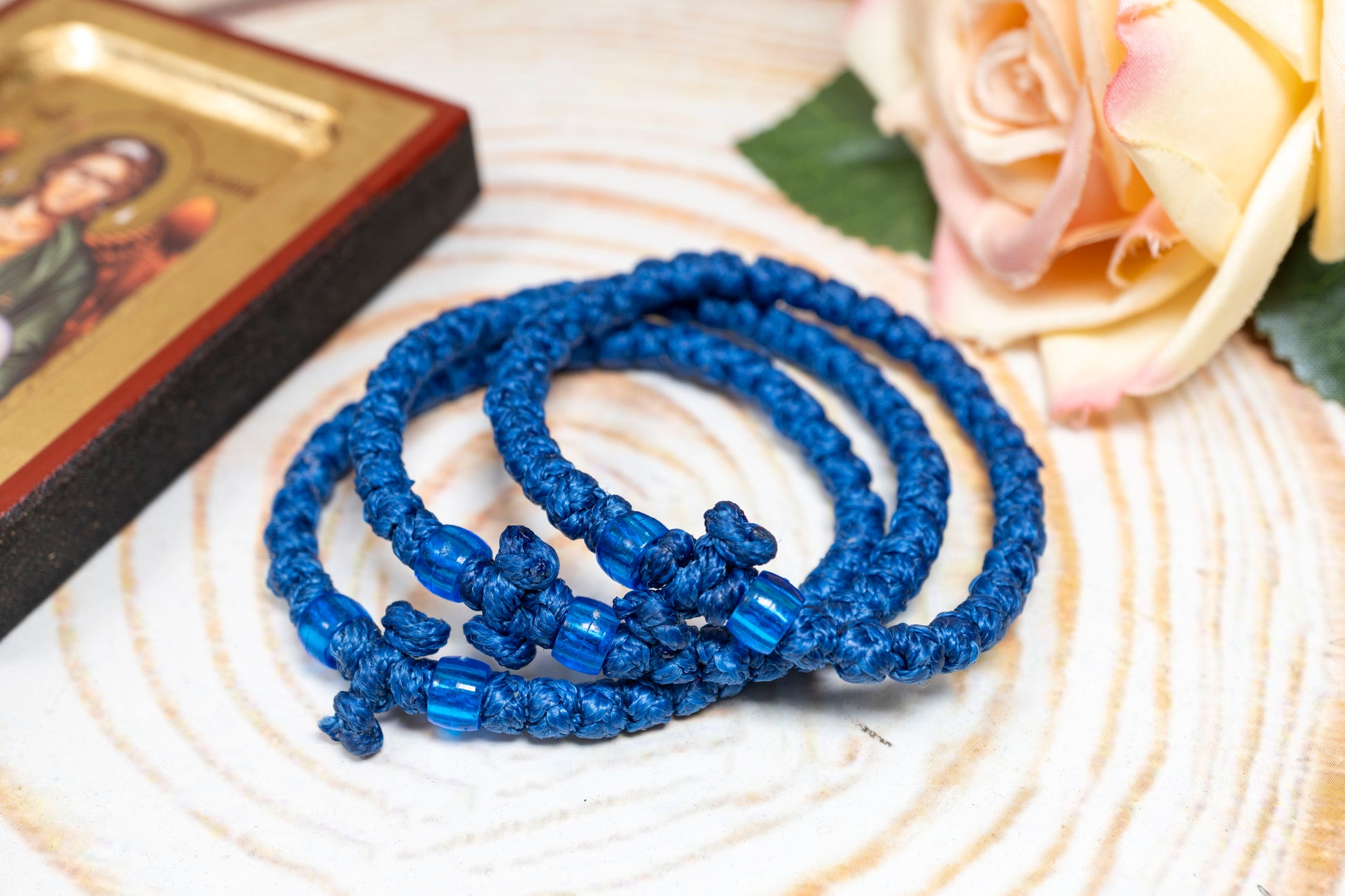 Handcrafted thick blue waxed Orthodox monastic prayer rope bracelet 33 knots with blue beads and knotted cross