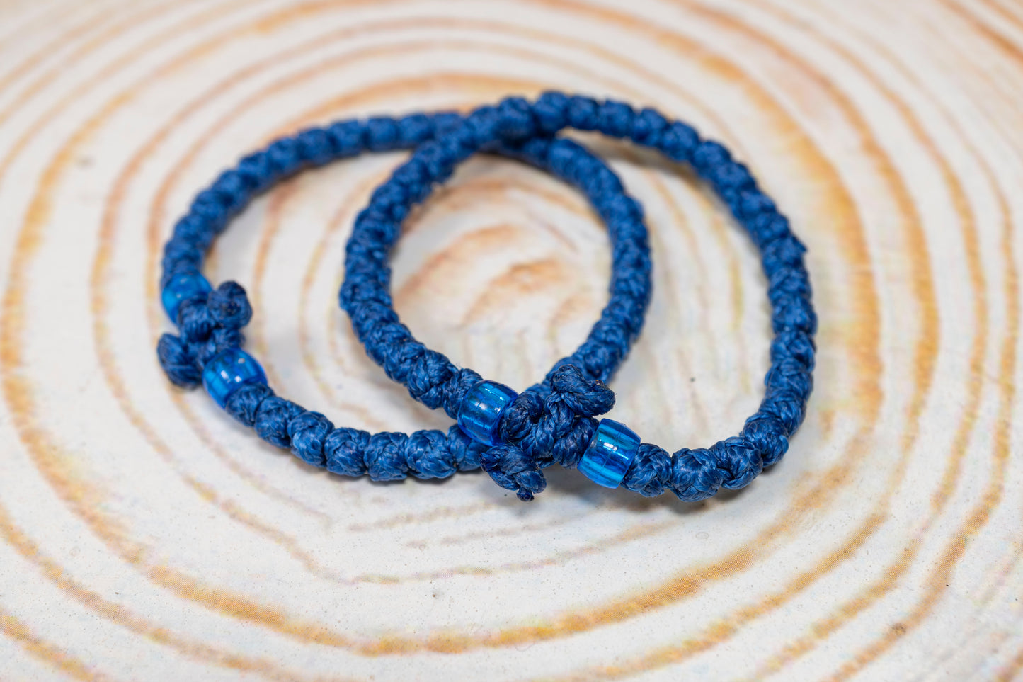 Handcrafted thick blue waxed Orthodox monastic prayer rope bracelet 33 knots with blue beads and knotted cross