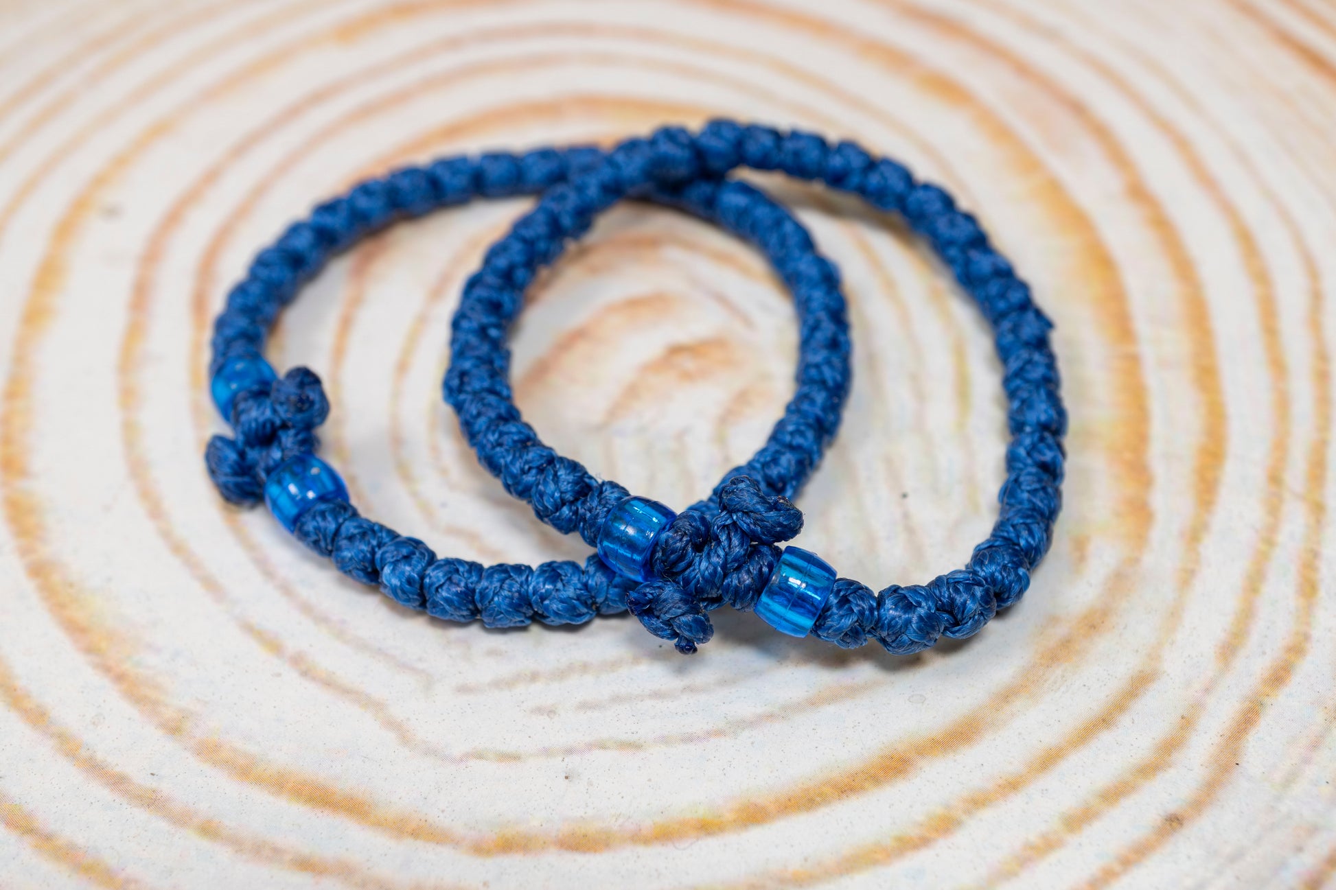 Handcrafted thick blue waxed Orthodox monastic prayer rope bracelet 33 knots with blue beads and knotted cross
