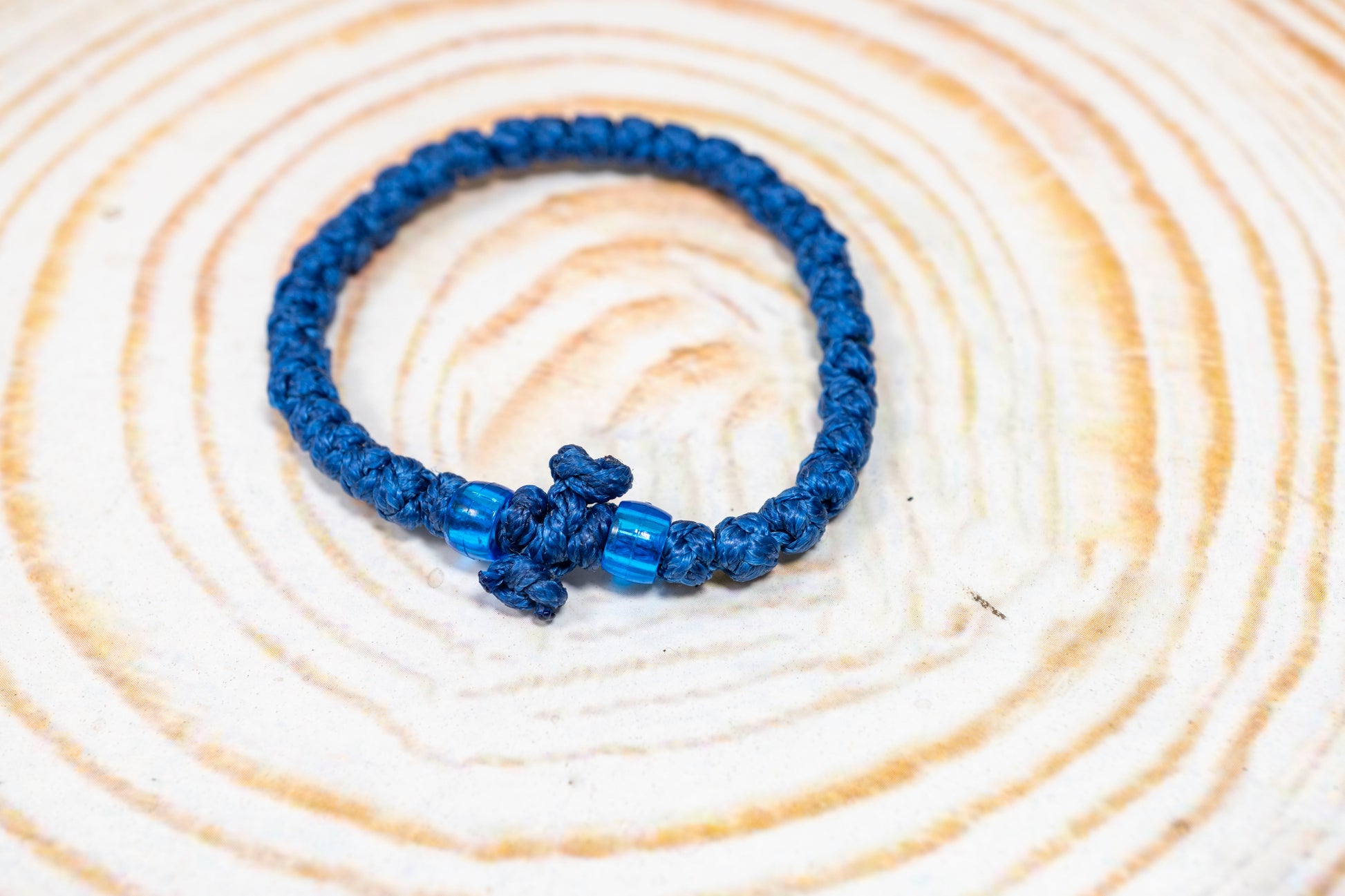 Handcrafted thick blue waxed Orthodox monastic prayer rope bracelet 33 knots with blue beads and knotted cross