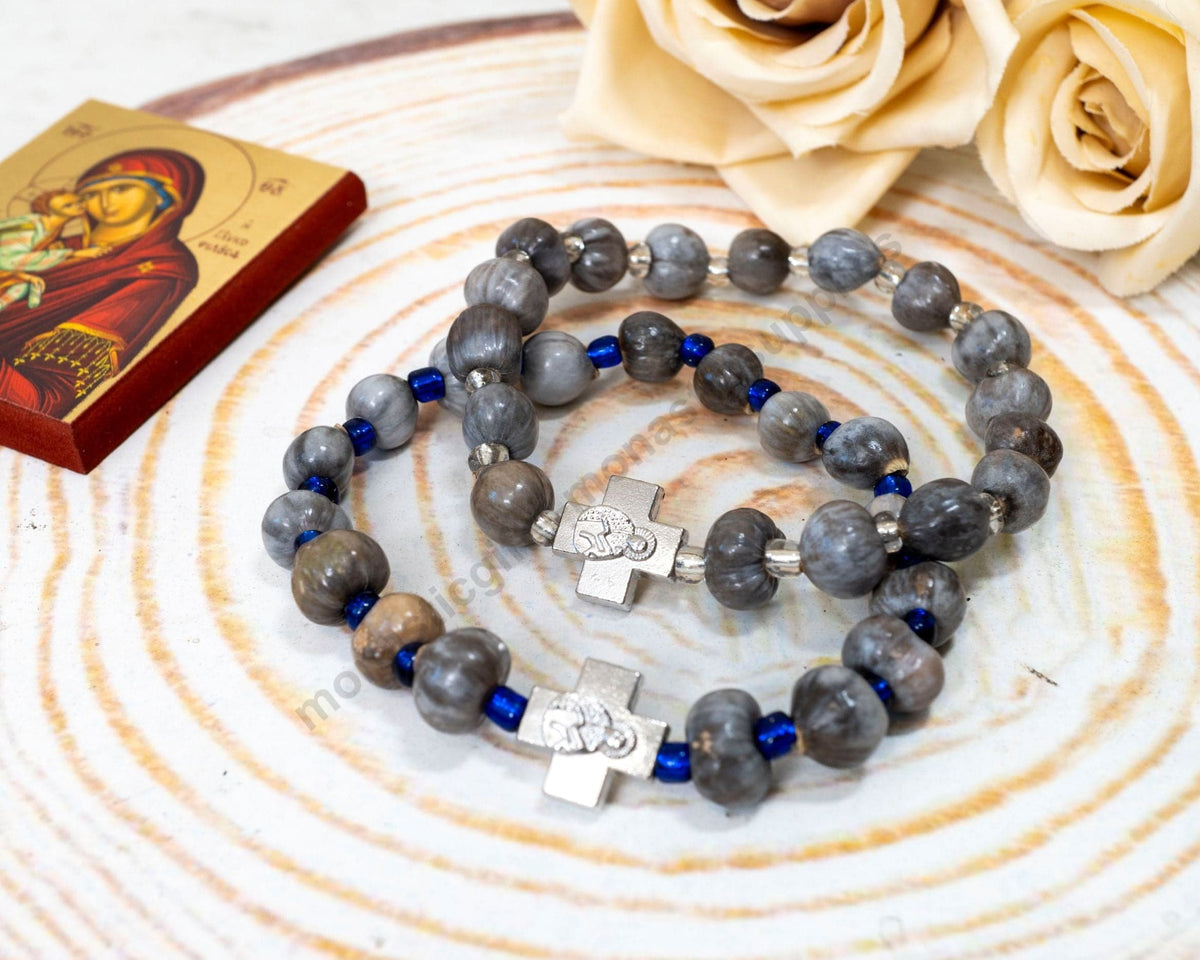 Tears of the Virgin Mary prayer bracelet natural Mount Athos seeds with engraved metallic cross and prayer leaflet