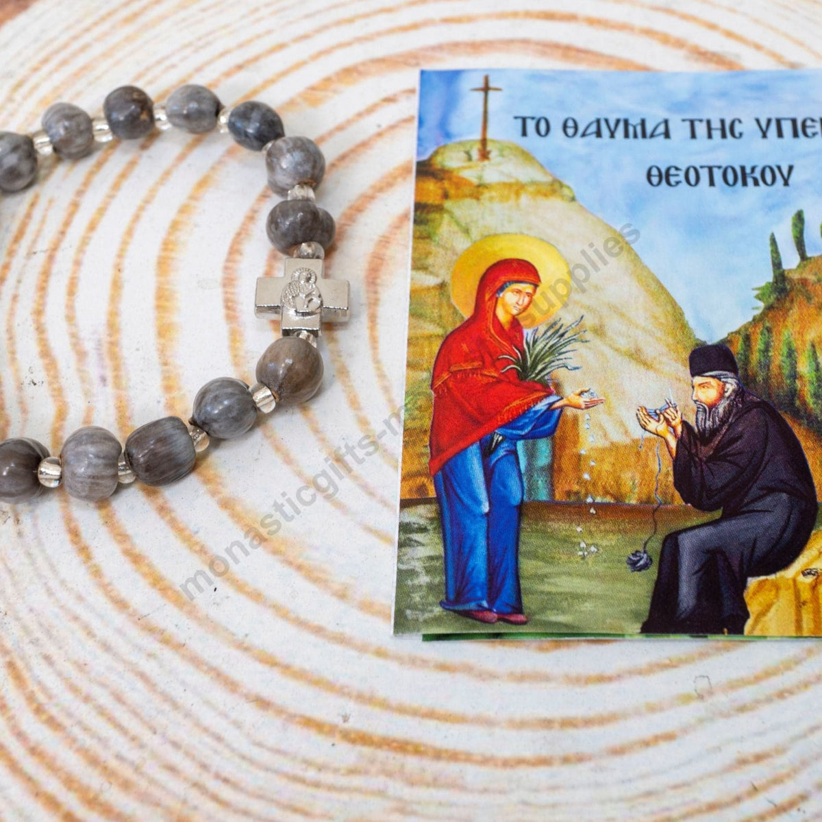 Tears of the Virgin Mary prayer bracelet natural Mount Athos seeds with engraved metallic cross and prayer leaflet