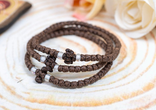 Prayer rope komboskini bracelet 1 piece with 50 knots knotted cross and clear beads in brown waxed cord orthodox made in Greece