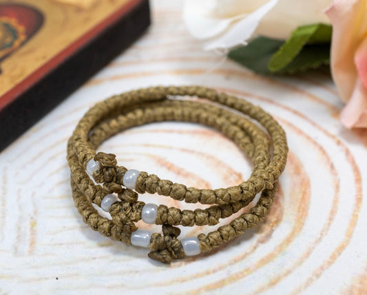 Prayer rope komboskini bracelet 1 piece with 33 knots knotted cross and clear beads in olive khaki waxed cord orthodox made in Greece