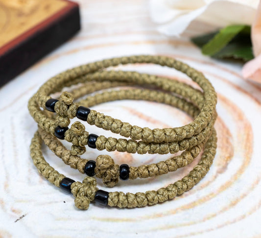 Prayer rope komboskini bracelet 1 piece with 50 knots knotted cross and black beads in olive khaki waxed cord orthodox made in Greece