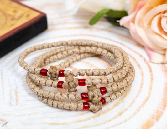 Prayer rope komboskini bracelet 1 piece with  50 knots knotted cross and red beads in beige waxed cord orthodox made in Greece