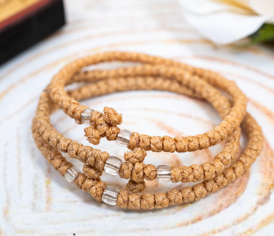 Prayer rope komboskini bracelet 1 piece with 50 knots knotted cross and clear beads in beige waxed cord orthodox made in Greece