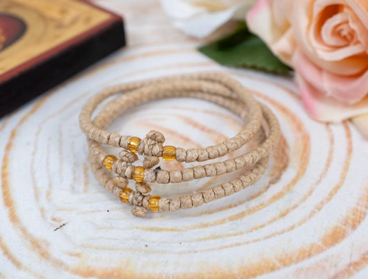 Prayer rope komboskini bracelet 1 piece with 33 knots knotted cross and amber yellow beads in beige waxed cord orthodox made in Greece