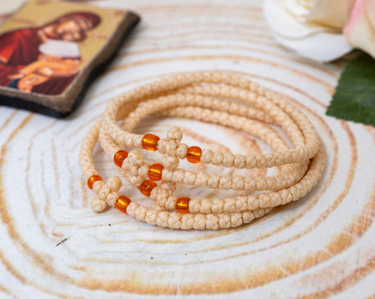 Prayer rope komboskini bracelet 1 piece with 33 knots knotted cross and amber orange beads in cream ecru waxed cord orthodox made in Greece