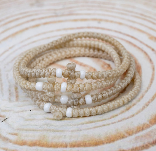 Prayer rope komboskini bracelet 1 piece with 33 knots knotted cross and pearl white beads in cream ecru waxed cord orthodox made in Greece