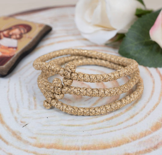 Prayer Rope Komboskini Bracelet with Knotted Cross in Shimmering Gold Metallic Thread - Orthodox - Waxed Cord - 50 Knots - 1 Piece