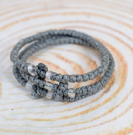 Prayer rope komboskini bracelet 1 piece with 50 knots knotted cross and clear beads in grey waxed cord orthodox made in Greece