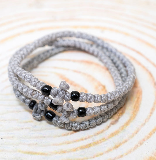 Prayer rope komboskini bracelet 1 piece with 50 knots knotted cross and black beads in light grey waxed cord orthodox made in Greece