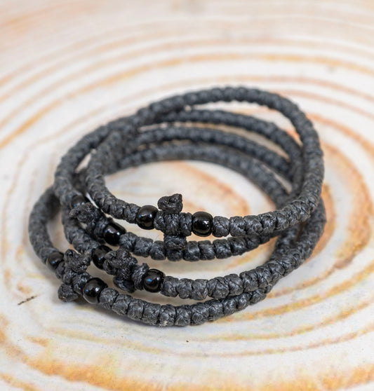 Prayer Rope Komboskini Bracelet with Knotted Cross and Clear Beads in Dark Grey - Orthodox - Waxed Cord - 50 Knots - 1 Piece