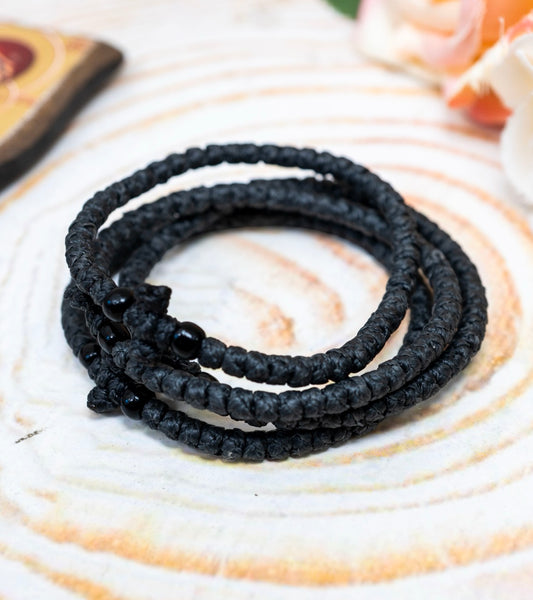 Prayer rope komboskini bracelet 1 piece with 50 knots knotted cross and black beads in black waxed cord orthodox made in Greece