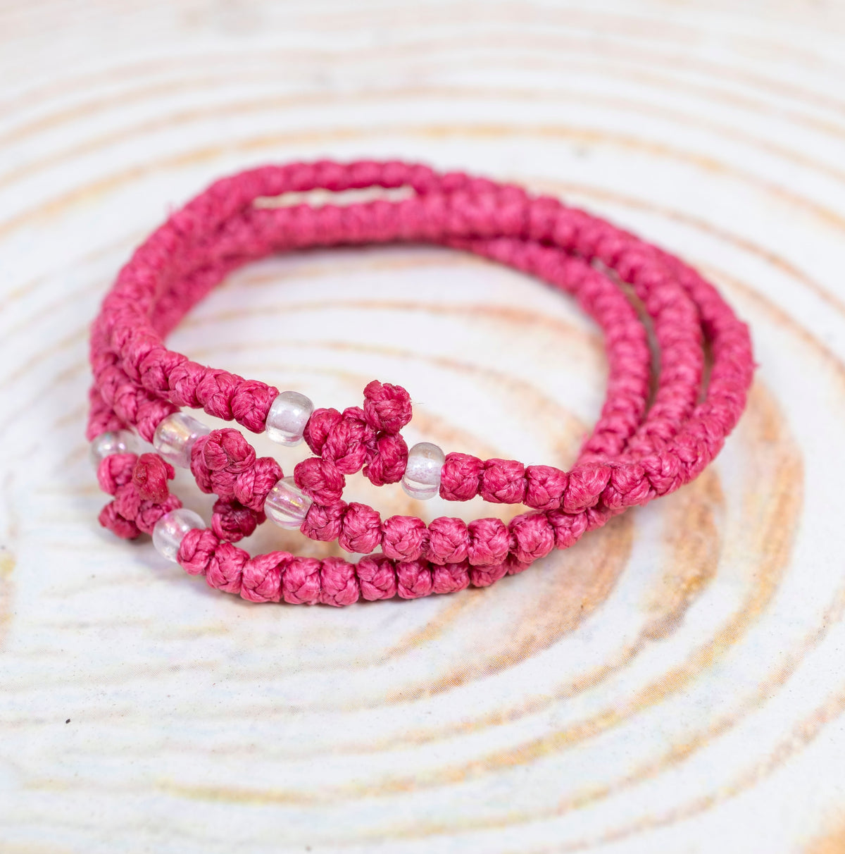 Prayer rope komboskini bracelet 1 piece with 50 knots knotted cross and clear beads in pink waxed cord orthodox made in Greece