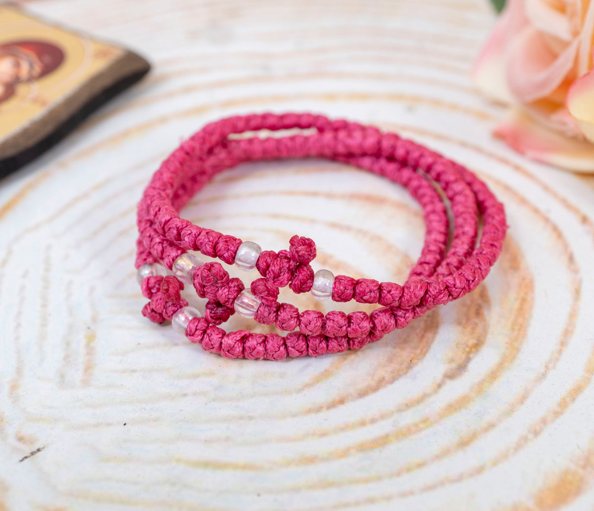 Prayer rope komboskini bracelet 1 piece with 50 knots knotted cross and clear beads in pink waxed cord orthodox made in Greece