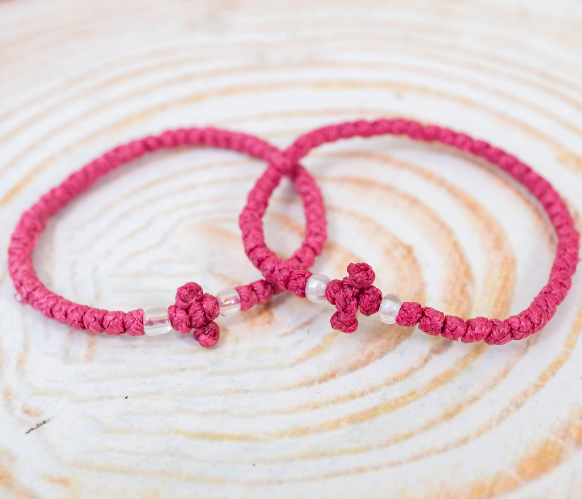 Prayer Rope Komboskini Bracelet with Knotted Cross and Clear Beads in Pink - Orthodox - Waxed Cord - 50 Knots - 1 Piece