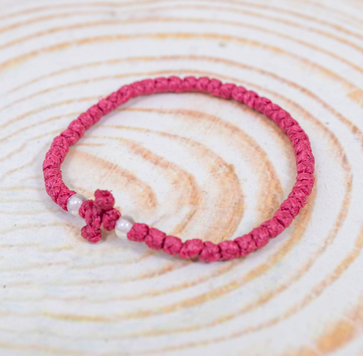 Prayer Rope Komboskini Bracelet with Knotted Cross and Clear Beads in Pink - Orthodox - Waxed Cord - 50 Knots - 1 Piece