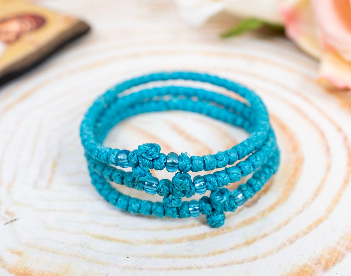 Prayer Rope Komboskini Bracelet with Knotted Cross and Turquoise Beads in Turquoise Blue - Orthodox - Waxed Cord - 50 Knots - 1 Piece