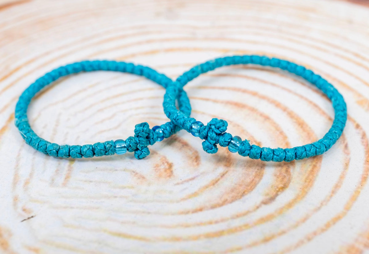 Prayer rope komboskini bracelet 1 piece with 50 knots knotted cross and turquoise beads in turquoise blue waxed cord orthodox made in Greece