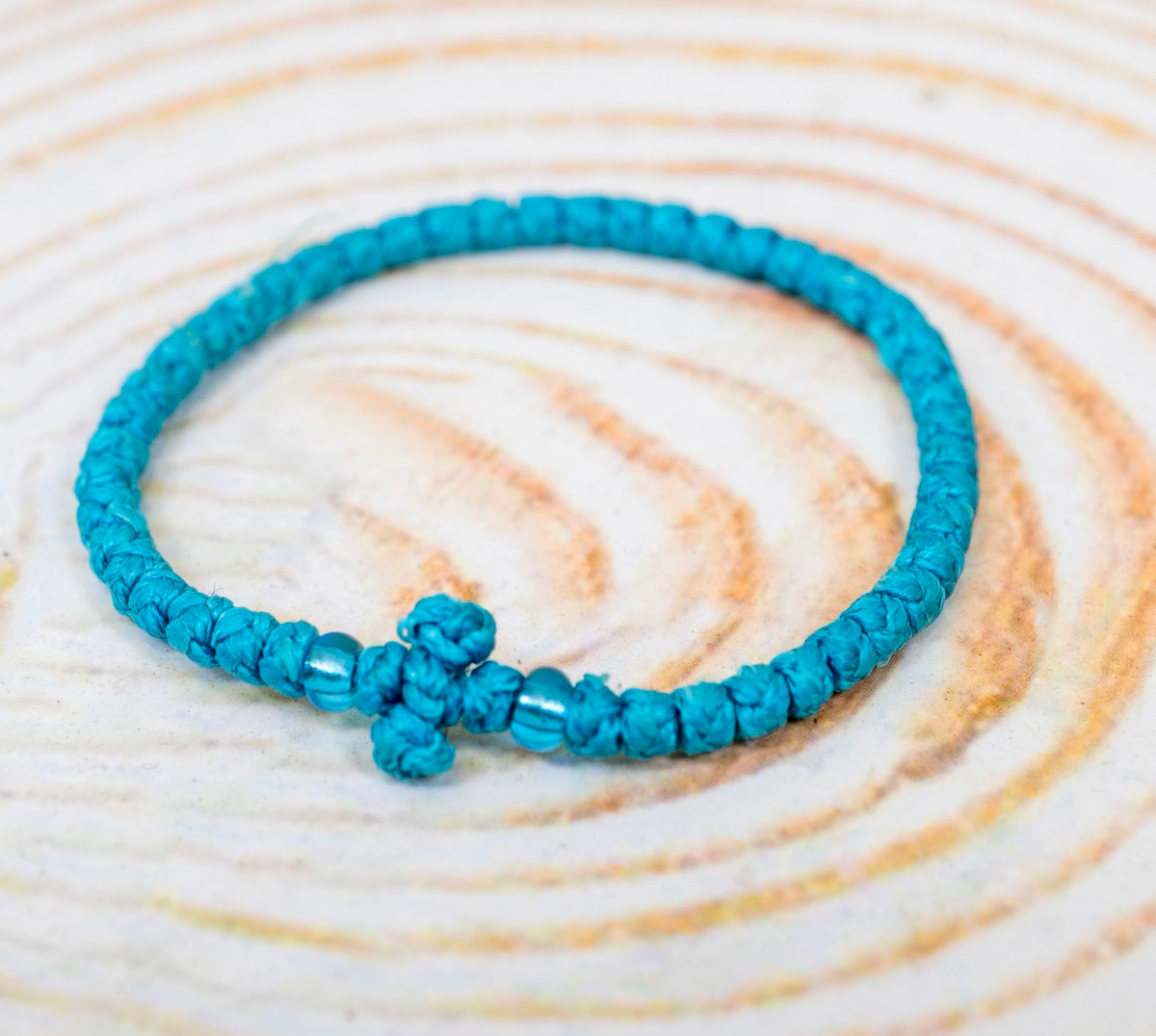 Prayer Rope Komboskini Bracelet with Knotted Cross and Turquoise Beads in Turquoise Blue - Orthodox - Waxed Cord - 50 Knots - 1 Piece