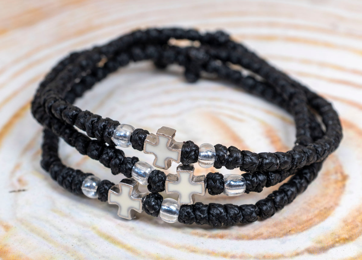 Prayer rope komboskini bracelet 1 piece with 50 knots white enamel metal cross and clear beads in black waxed cord orthodox made in Greece