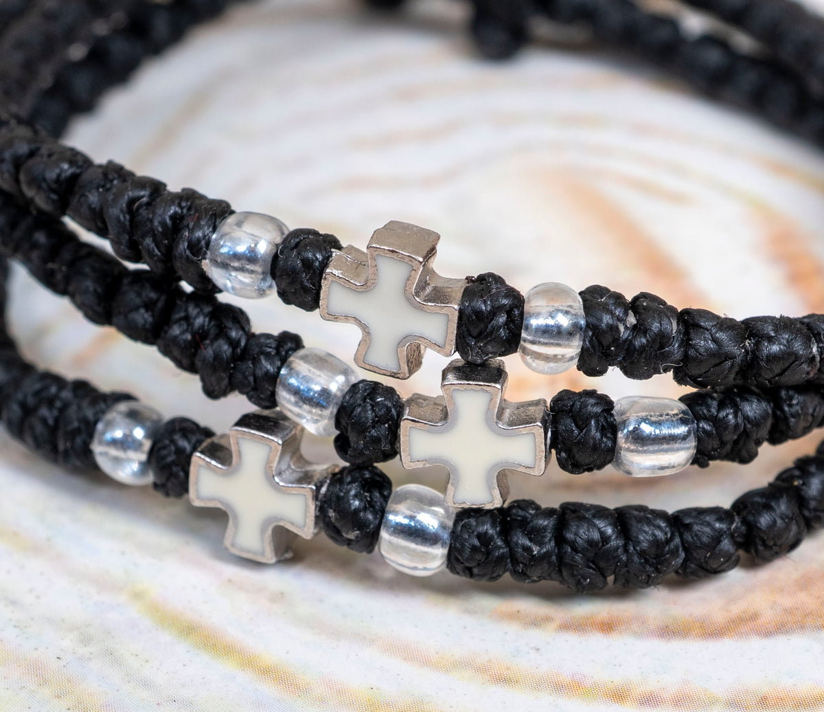 Prayer rope komboskini bracelet 1 piece with 50 knots white enamel metal cross and clear beads in black waxed cord orthodox made in Greece
