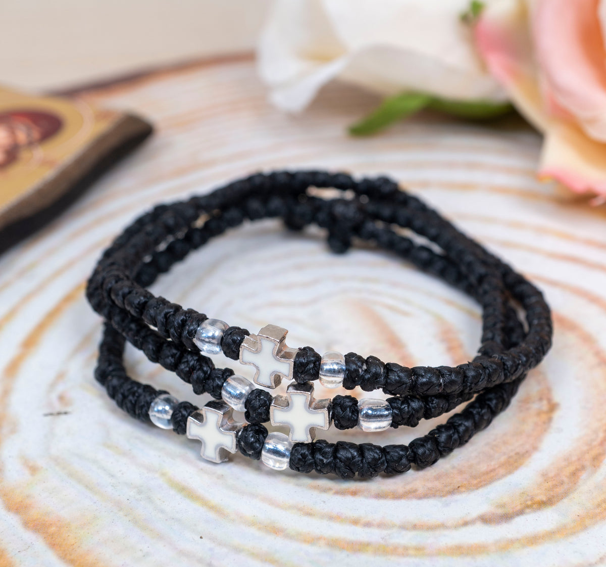 Prayer rope komboskini bracelet 1 piece with 50 knots white enamel metal cross and clear beads in black waxed cord orthodox made in Greece