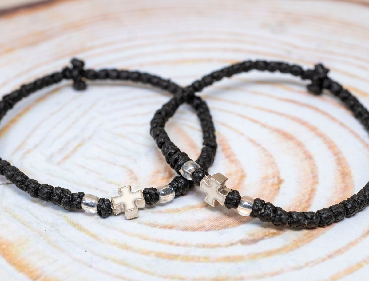 Prayer Rope Komboskini Bracelet with White Enamel Metal Cross and Clear Beads in Black - Orthodox - Waxed Cord - 50 Knots - 1 Piece