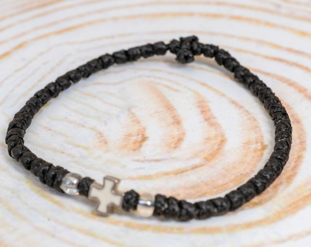 Prayer Rope Komboskini Bracelet with White Enamel Metal Cross and Clear Beads in Black - Orthodox - Waxed Cord - 50 Knots - 1 Piece