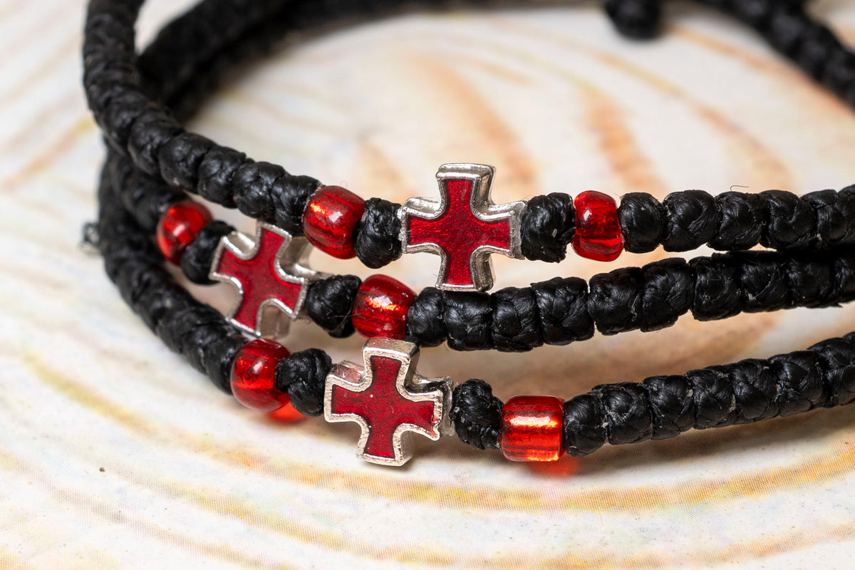 Prayer rope komboskini bracelet 1 piece with 50 knots red enamel metal cross and red beads in black waxed cord orthodox made in Greece