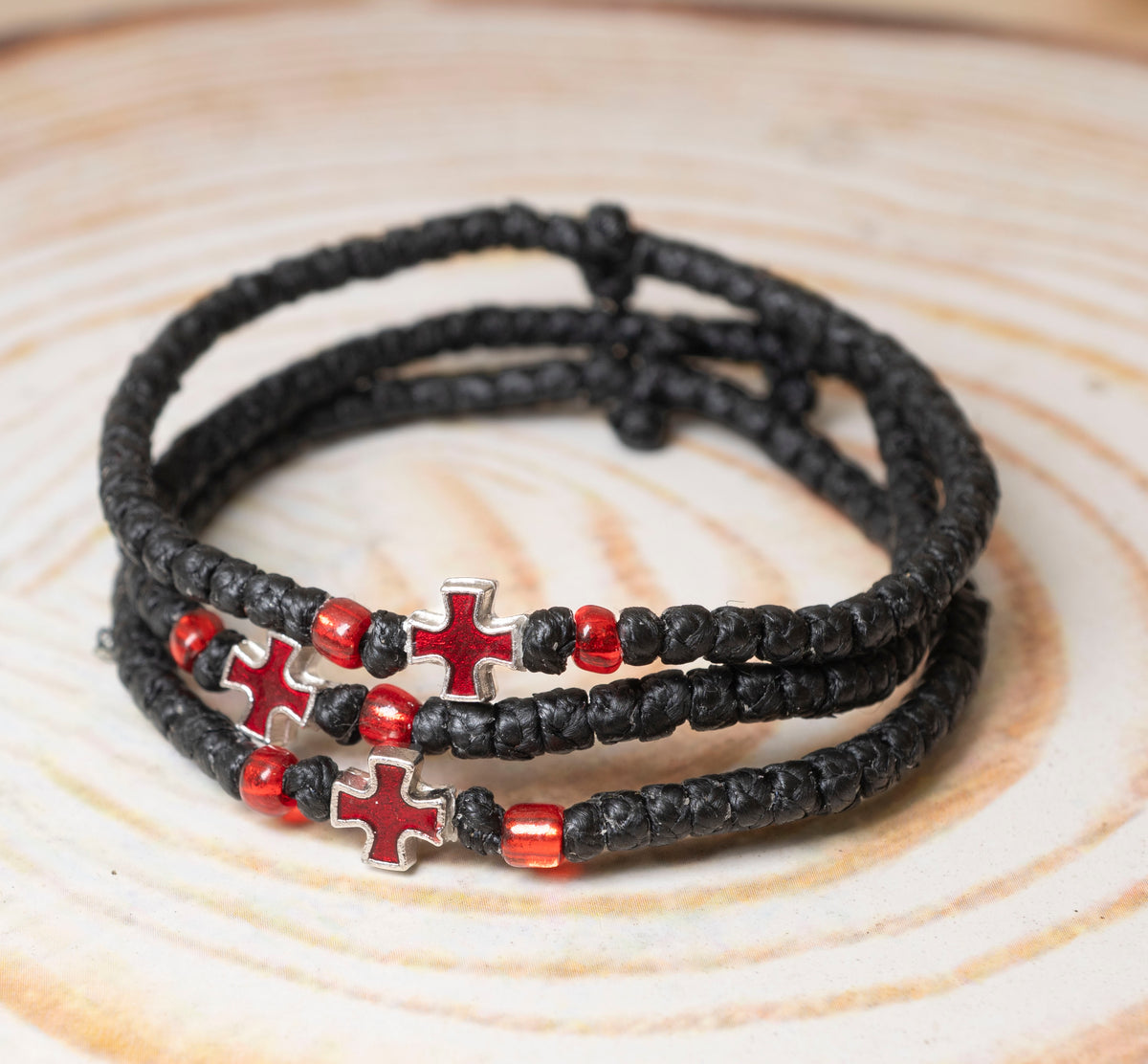 Prayer rope komboskini bracelet 1 piece with 50 knots red enamel metal cross and red beads in black waxed cord orthodox made in Greece