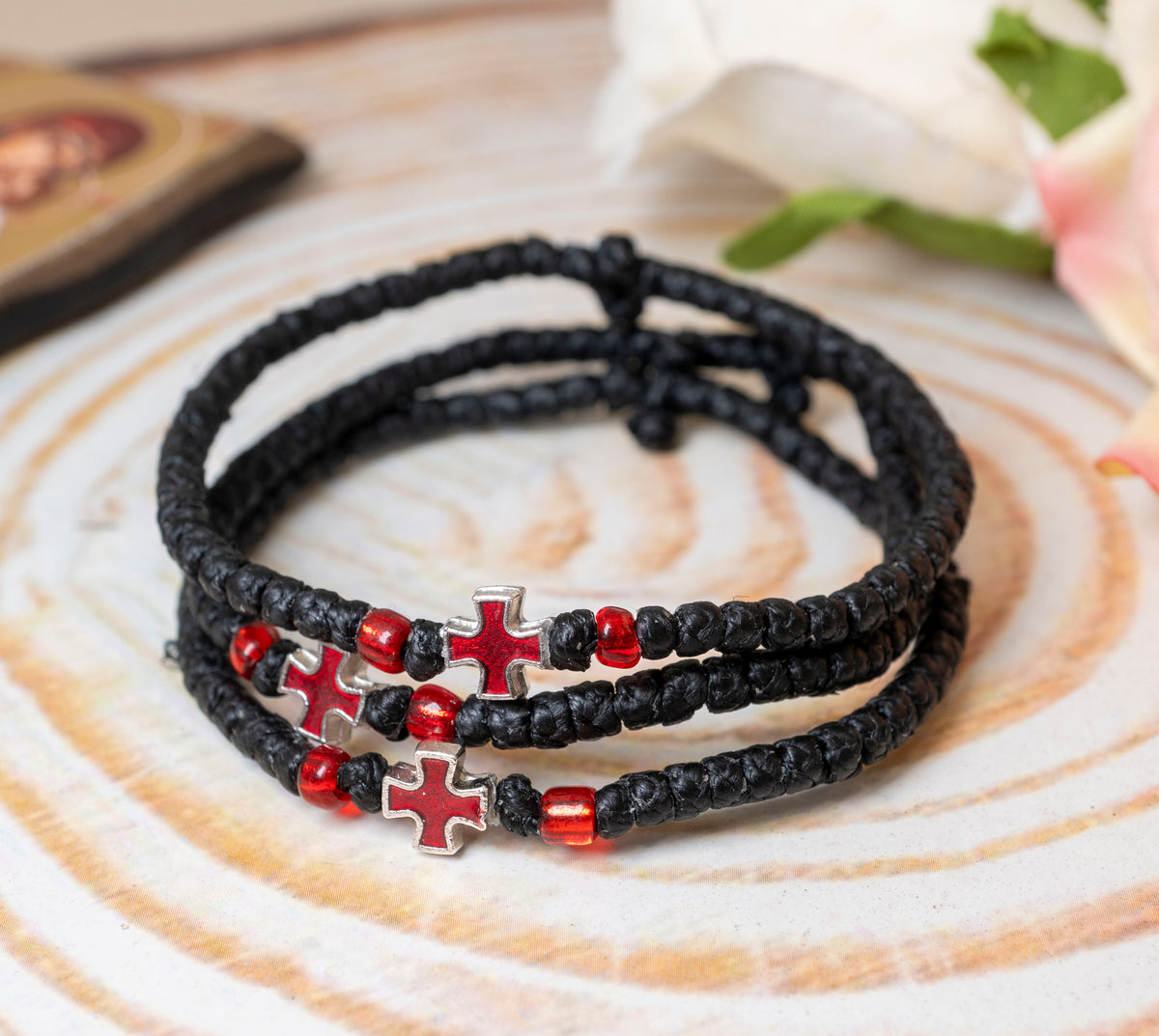 Prayer rope komboskini bracelet 1 piece with 50 knots red enamel metal cross and red beads in black waxed cord orthodox made in Greece