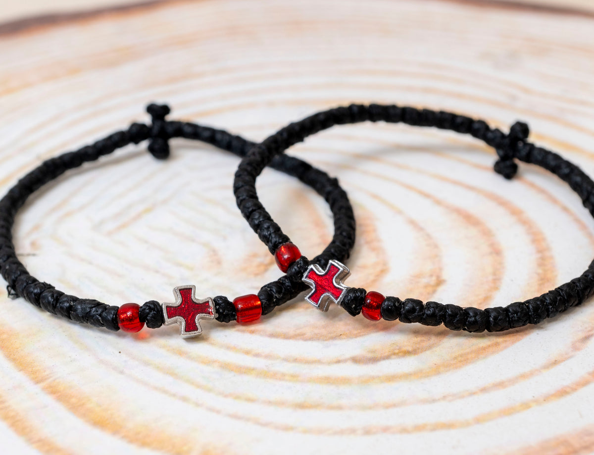 Prayer Rope Komboskini Bracelet with Red Enamel Metal Cross and Red Beads in Black - Orthodox - Waxed Cord - 50 Knots - 1 Piece