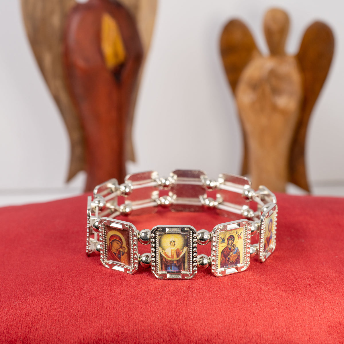 Saints icon elastic stretch bracelets with miniature icons in gold and silver tone finishes