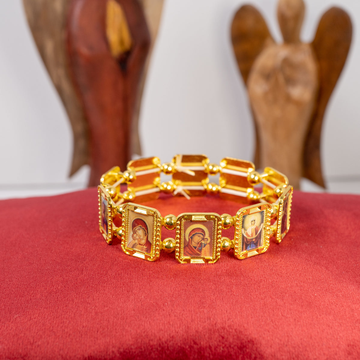 Saints icon elastic stretch bracelets with miniature icons in gold and silver tone finishes