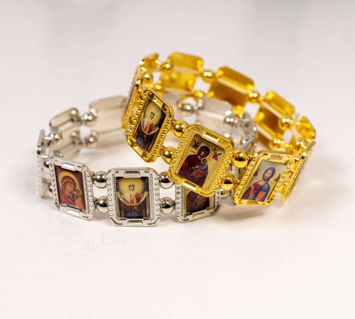 Saints Icon Elastic Bracelet Jesus Virgin Mary Gold and Silver Tone Daily Wear