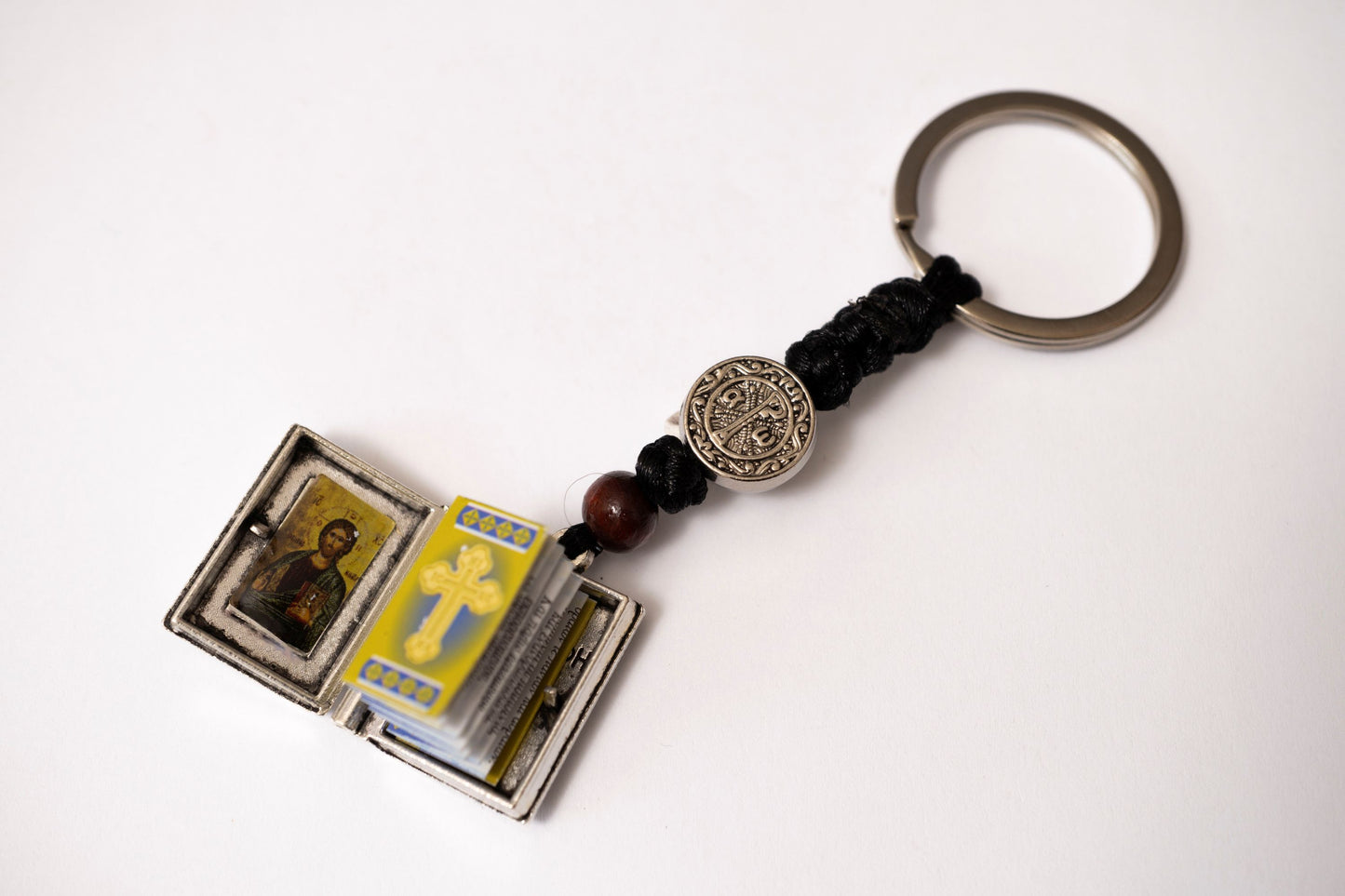 Miniature Metal Gospel Book Locket Keychain with Knotted Cord and Lords Prayer - 2.5x2 cm (0.98x0.78 in)