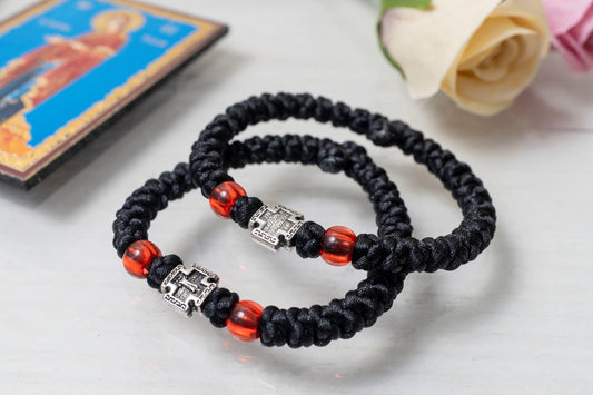 Prayer rope komboskini bracelet 1 piece with 33 knots dual-sided metal cross and red beads orthodox elastic made in Greece